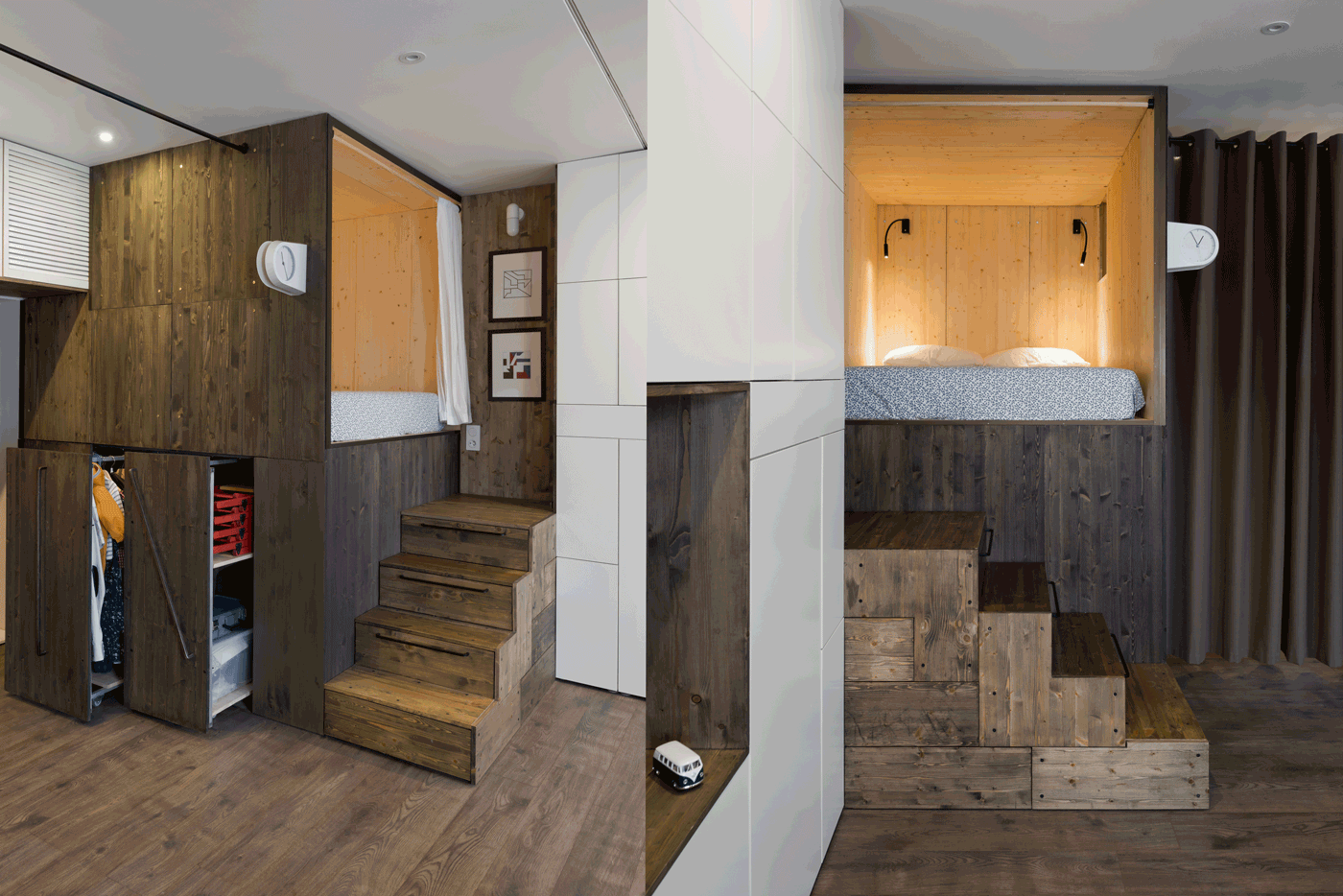 Małe przestrzenie: pomysłowa kawalerka 35 m² z drewnianym kubikiem 