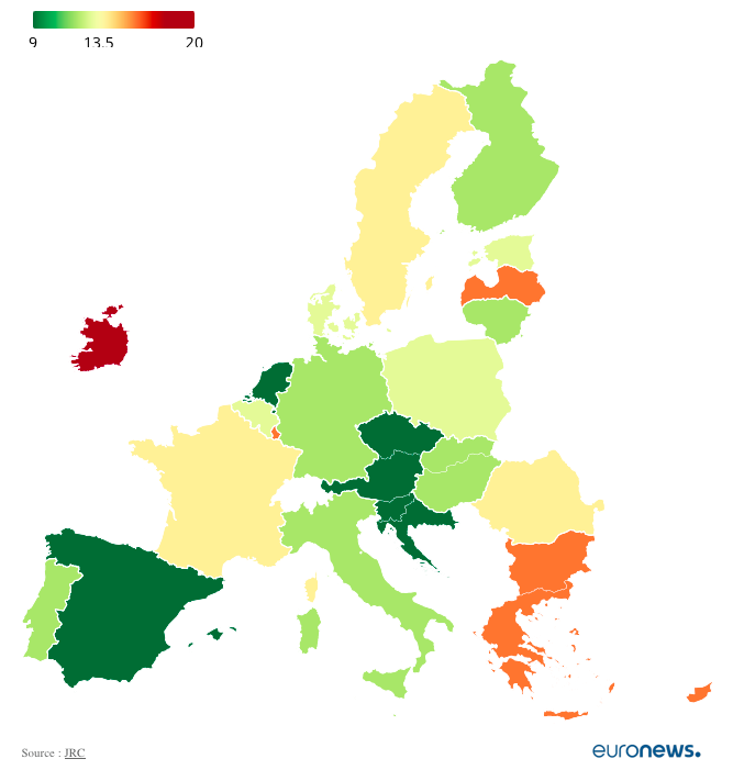 mapa wykazująca odsetek samotnych osób w Europie /euronews.com